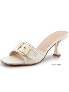 Kitten Heel Sandals Square Open Toe Slip On Buckle Mule Heels for Work Party